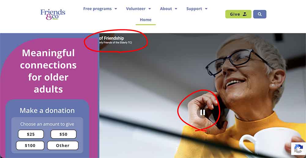 Desktop homepage: donation panel beside a background video with clipped captions